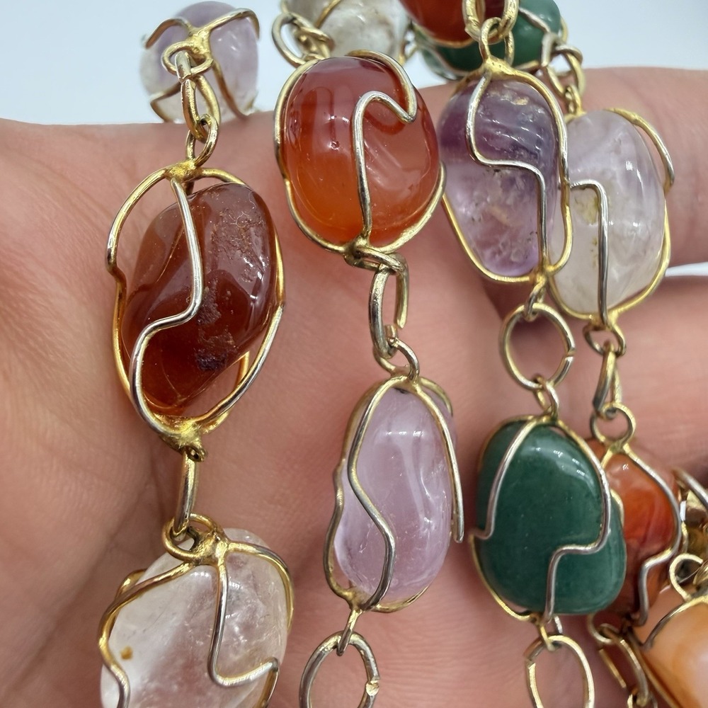 Vtg Wire Wrapped Begar Necklace Caged Amethyst Jade Carnelian Multi Gem